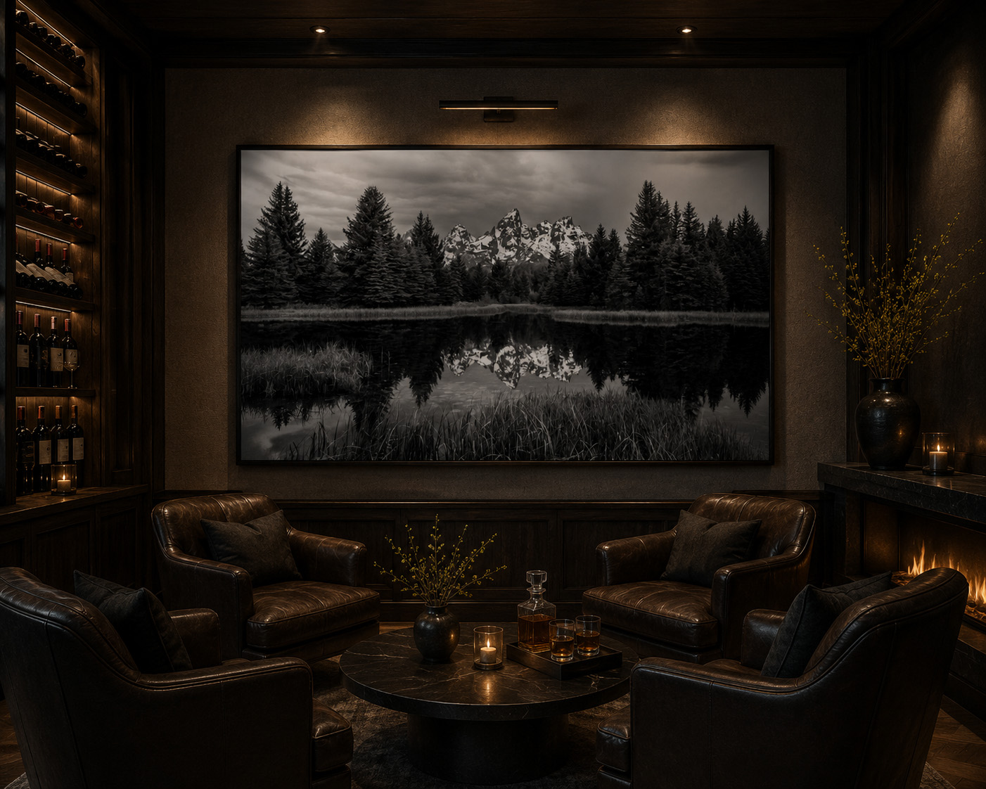 Executive lounge with black and white mountain reflection photography by Dan Sproul